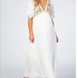 Ivory Floral Embroidered Maternity Midi Dress